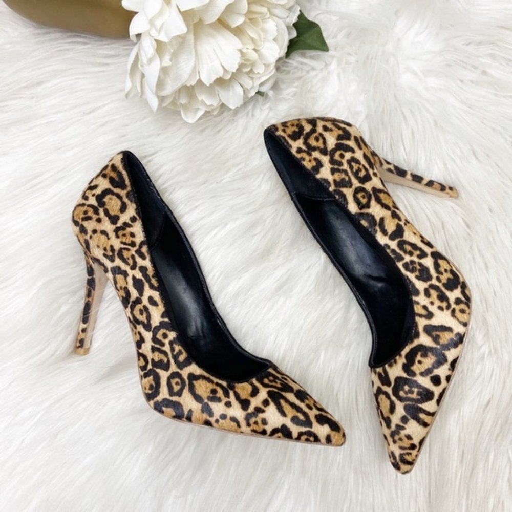 WHBM Olivia Leopard Calf Hair Pointed Toe Pumps